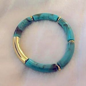 B2G1🌵Boho Turquoise Tube Tubular Bead & Gold Tone Stretch Stacking Bracelet NWT
